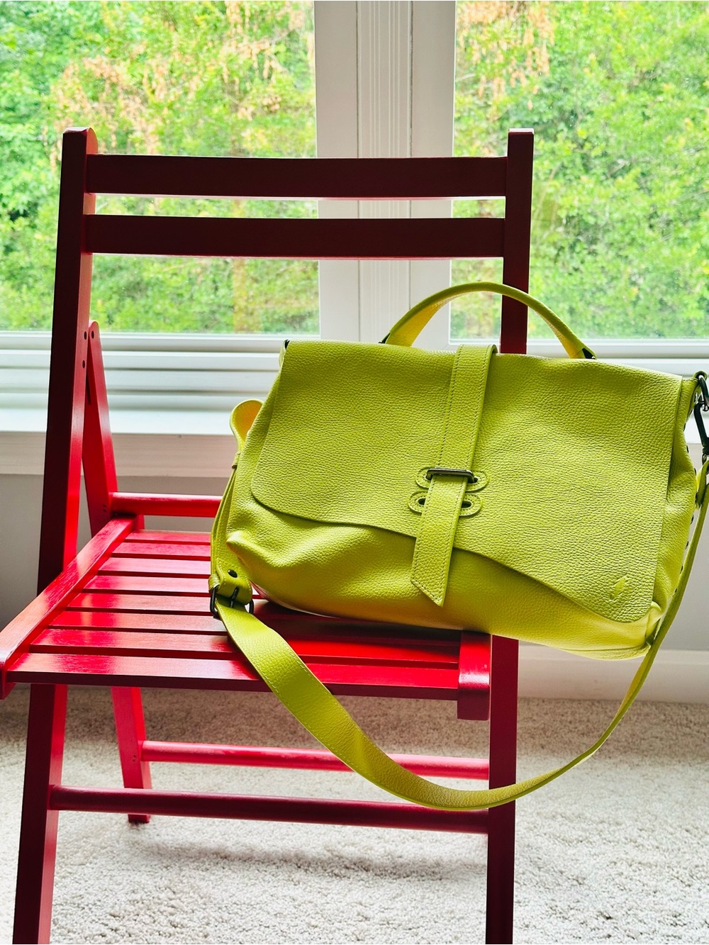 New John Fluevog Lime Green Grain Leather Satchel Handbag -Slouchy